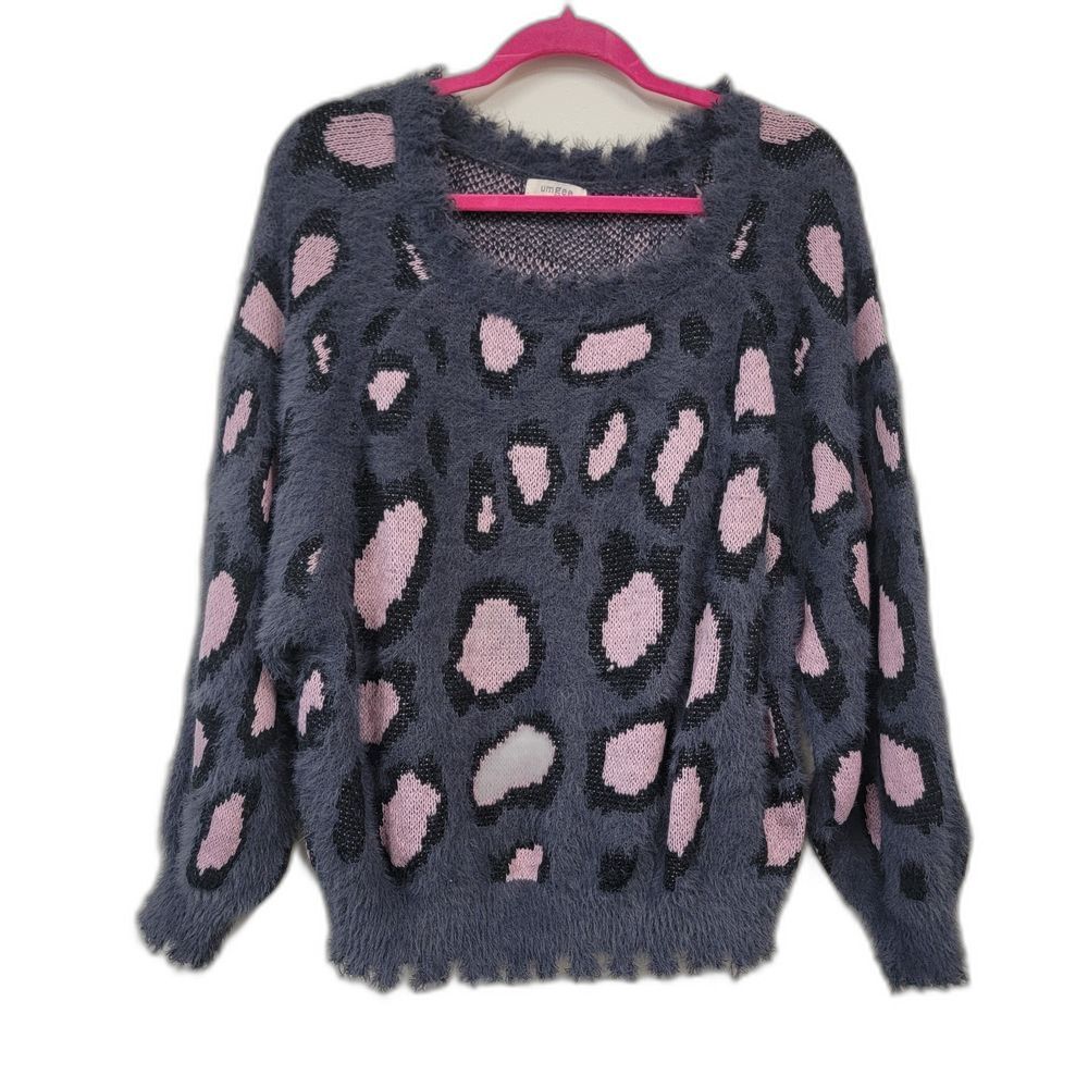 Umgee Fuzzy Cozycore Pink and Gray Animal Print Sweater